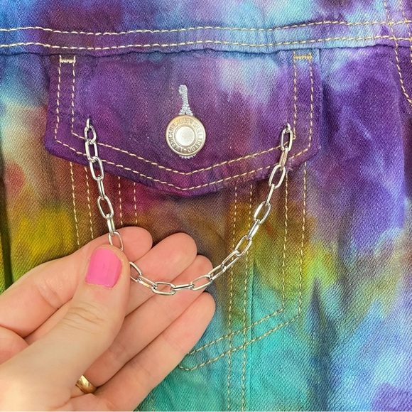 Handmade Tie Dye Jean Jacket Womens Size Medium Cropped Upcycled Colorful Denim - Picture 12 of 13